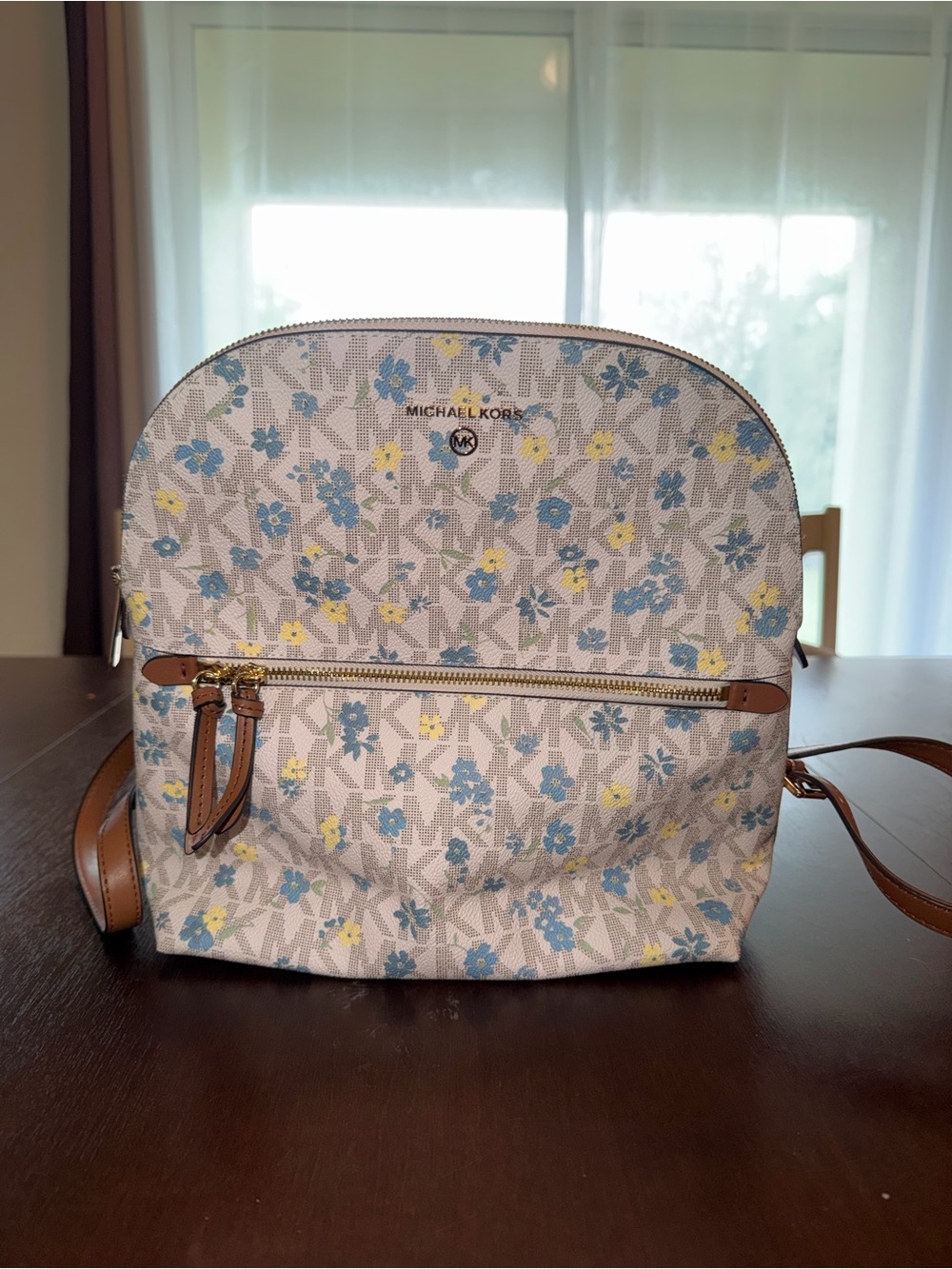 Michael Kors Beige Floral Logo Backpack with Blue & Yellow Flowers